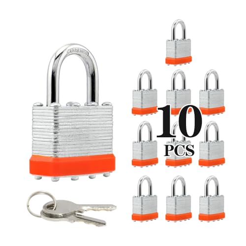 Image of Laminated Steel Keyed Padlocks, 10 Pack, Keyed Alike, Normal Shackle, 1-9 /16 inch (40mm),Orange Hoop, for Hasp Latch, Sheds, Fences, Storage Locker, Gym