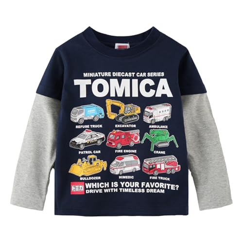 lucky lemon 車柄 Tシャツ 男の子 ジャージー 子供服 カットソー トップス ベビー服 ボーイズ 重ね着風 パジャマ 綿100% 春秋冬 かわいい 普段着 運動 (ネイビー1,90cm)