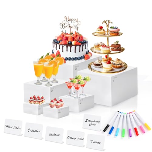 White Acrylic Buffet Risers and Stand Food Risers with Mini Sign and Maker