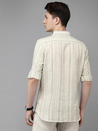 Image of THE BEAR HOUSE Men's Striped Slim Fit Cotton Linen Casual Shirt | Green | TBH-INGO-CR