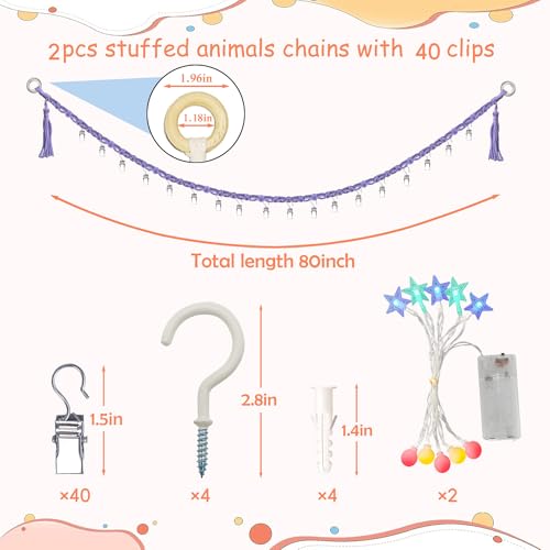 Image of 2PCS Stuffed Animals Storage Chain Organizers 80 inch Cotton Hanging Storage Chain with 2x 10 Led Light 40 Metal Clips Stuffed Animal Display Holder Chain for Nursery Play Room (Purple)