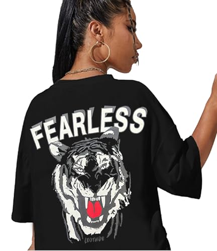 Image of LEOTUDE Women's Cotton Oversized Fit Short Sleeve with Round Neck, Oversized Longline Drop Shoulder, Back Printed T-Shirt