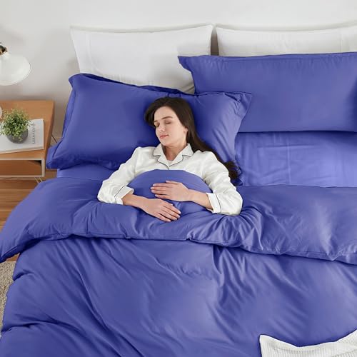 Image of Hearth & Harbor Royal Blue Duvet Cover with Fitted Sheet Full Size | 4 Piece Soft Double Brushed Bedding Set, Button Closure, 1 Duvet Cover 80x90 Inches, 1 Fitted Sheet, 2 Pillow Shams
