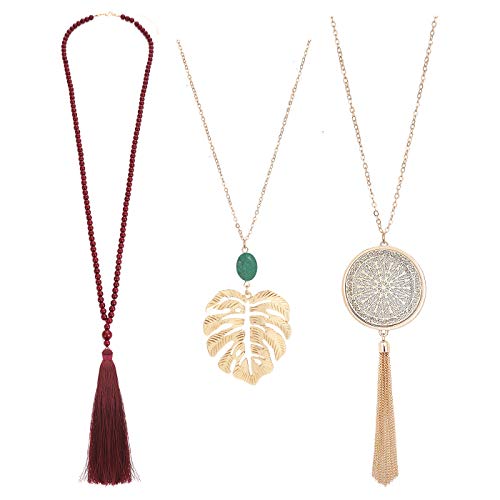 HSWE Long Pendant Necklace for Women Beaded Leaf Necklace Tassel Pendant Necklace Set Sweater Lariat Necklace (3 PCS)