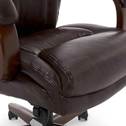 La-Z-Boy Edmonton Big And Tall Executive Office Chair With Comfort Core Cushions, Solid Wood Arms And Base, Waterfall Seat Edge, Bonded Leather, Big & Tall, Brown #TOP5