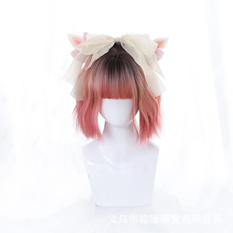 Ombre Pink Lolita Wig Natural Wavy Black Rooted Mixed Pastel Rose Pink Wigs Synthetic Heat Resistant Curly Hair for Women