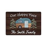 Personalized Camper Doormat Our Happy Place Custom Camping, Rv Door Mat with Family Name 24" X 16" I