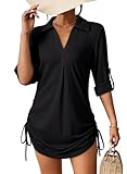 Dokotoo Cover Ups for Swimwear Women Casual Long Sleeve V Neck Textured Pleated Summer Dresses Solid Beach Vacation Clothes for Women Relaxed Drawstring Beach Cover Ups Loose Bathing Suit Black Small