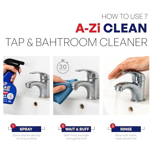 Image of A-Zi Clean Tap & Shower Cleaner 300ml - Powerful Limescale & Hard Water Stain Remover for Taps, Faucets, Showerheads, Sinks, Bathtubs - Fast Action & Streak-Free Shine