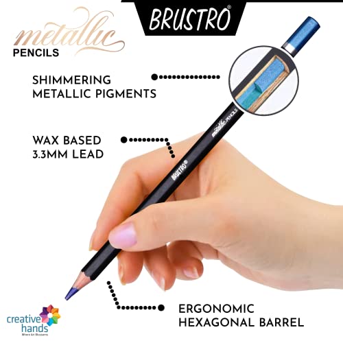 Image of BRUSTRO Artist Metallic Colour Pencil Set of 12 Shades, 3.3mm Lead with Wiro Bound Sketch Book, A5 (5.8x8.3 Inches), 120 Pages, 160 GSM | Ideal for Drawing, Sketching, Shading,Mandala Art