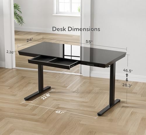 Image of INNOVAR Glass Standing Desk with Drawers & USB Ports,55 inch Whole-Piece Glass Top Adjustable Height Desks, Quick-Install Electric Sit-Stand Up Desk for Home Office & Computer Workstation, Black