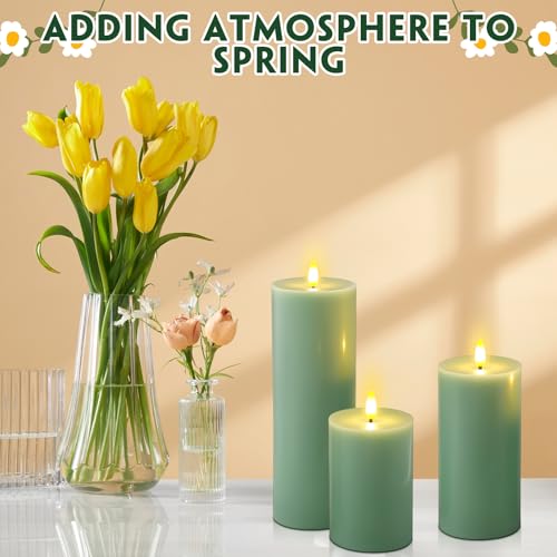 Image of Retisee 3 Pcs Sage Green 6 /8 /12 Inches Flameless LED Candles with Remote and 2 /4 /8h Timer Battery Operated Wax Electric Flickering Pillar Candles for Spring Weddings, Garden Parties Decor