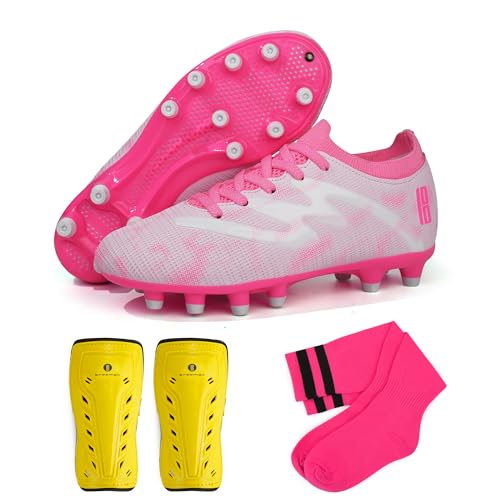 JABASIC Kinder Fußballschuhe fürFirm Ground Jungen Mädchen Fußballschuhe mit Schienbeinschutzen und Fußballsocken (33EU,Pink White)