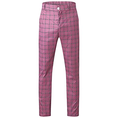 Mururo Men's Casual Trousers Slim Fit Fashion Plaid Party Suit Pants Stretch Lightweight Straight Button Fly Retro Smart Trousers with Pockets Red Cover