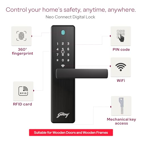 Image of Godrej Smart Lock | Neo Connect Digital Lock for Wooden Door | WiFi, Fingerprint, PIN, RFID Card, Mobile App, Mechanical Key | 5 in 1 Access | 3 Dead Bolts | Black | 3Yrs Warranty Free Installation*