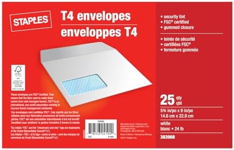 Staples T4 Security Envelopes 25 Pack – White 5‑3/4" x 9" with Gummed Flaps & Privacy Tint, Window Mailing Envelopes for Tax Forms, Documents & Business Use