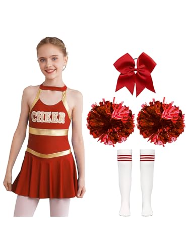 Moggemol Mädchen Uniforme Robe Pompons De Cheerleading Chaussettes Et Ruban Élastique À Cheveux Costume De Danse pour Fête Carnaval B Rouge 13-14 Ans