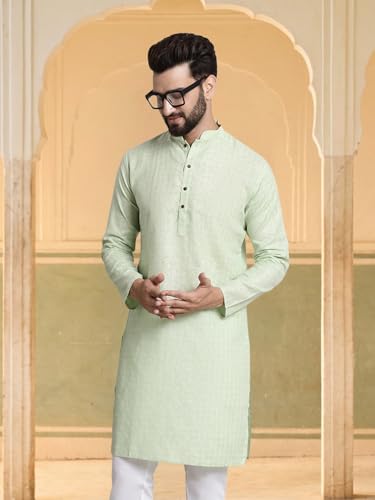 Image of SOJANYA Pastel Green Cotton Blend Kurta with Contrast Button Detailing
