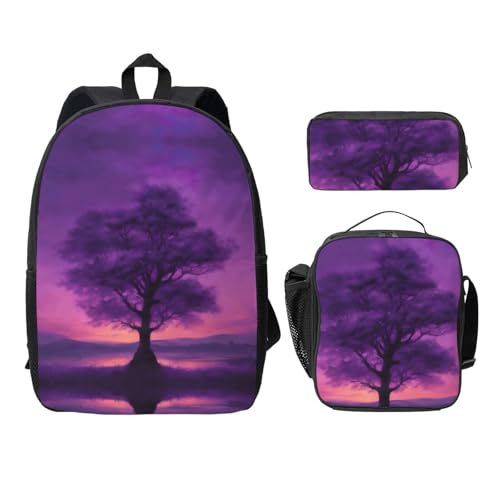 GFXEDSAH Purple Twilight Print Stylish 3-Piece Backpack Set,Unisex Travel Backpack With Insulated Lunch Box,Pencil Case