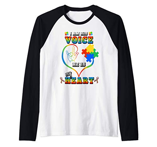 Autism Awareness Mom Shirt I Am His Voice He Is My Heart Maglia con Maniche Raglan