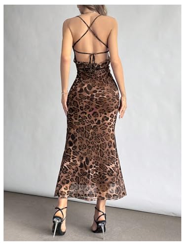 Image of Floerns Women's Leopard Draped Halter Neck Dress Criss Cross Tie Back Party Midi Dress