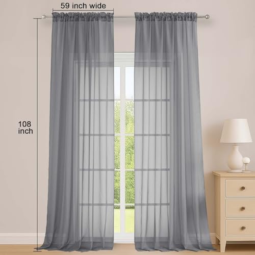 Image of OWENIE Sheer Grey Curtains 108 Inches Long for Living Room Bedroom 2 Panels Set, Lightweight Airy Grey Sheer Curtain, Filmy Voile Rod Pocket, 2 PCS, Each 59 inch W x 108 inch L