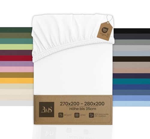 Bettwaesche-mit-Stil Familienbett Spannbettlaken Jersey Spannlaken Spannbetttuch (270x200-280x200 cm, Matratzenhöhe bis 35cm, Weiß) Gewicht:...