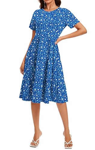 Image of Womens Summer Short Sleeve Crew Neck Midi Dress 2026 Casual Fit Flowy Tiered Beach Vacation Sundress with Pockets