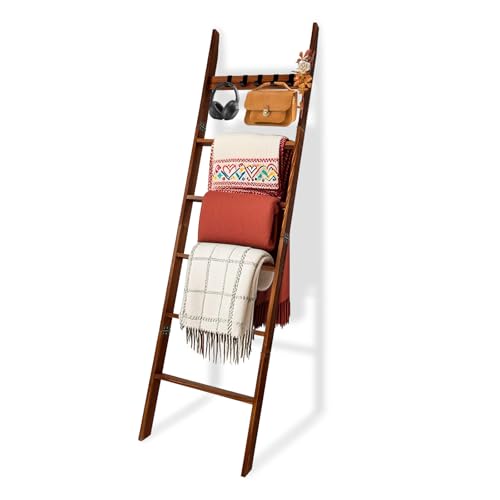 Wooden Blanket Ladder with Removable Hooks, 6-Tier 5.66 Ft (68 Inch) Rustic Blanket Rack, Blanket Ladders for Living Room & Bedroom, Easy Assembly, Perfect for Displaying Blankets & Scarves, Brown