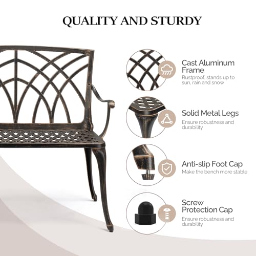Image of VINGLI 38 inch Outdoor Metal Bench, Cast Aluminium Garden Bench, Weatherproof Antique Finish Orchid Chair, 1-2 Person Seat Deck Furniture for Porch Entryway Patio (Brown)