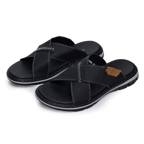Image of MGGMOKAY Mens Cross Slides Sandals Summer Leather Slipper Anti-Slip Comfortable Sandals