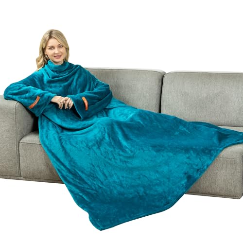 Winthome Couverture douillette avec manches - Douce et chaude - Couverture de canapé en polaire avec fermeture et bandes élastiques - Pour cadeaux d'hiver, économies sur les coûts de chauffage (vert