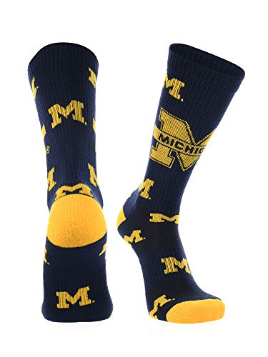 TCK Michigan Wolverines Crew Socks - Mens & Womens NCAA Fan Apparel - Mayhem (Blue/Maize Imported Large)