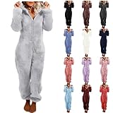 Smoneyful Womens Fleece Onesies Pajamas Jumpsuit Fuzzy Sherpa Romper Sleepwear Zipper Thicked Warm Hooded Pajama Loungewear Grey