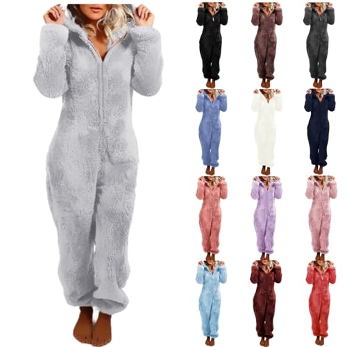 Smoneyful Womens Fleece Onesies Pajamas Jumpsuit Fuzzy Sherpa Romper Sleepwear Zipper Thicked Warm Hooded Pajama Loungewear Grey