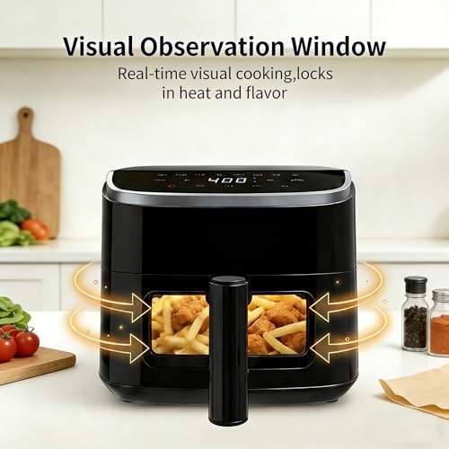 Image of HealSmart 4 Qt Air Fryer with Visible Window, 8-in-1 Digital Airfryer with Interior Light, 1500W, Nonstick Dishwasher-Safe Basket for Fries, Bake, Wings, 60-Min Timer, Black