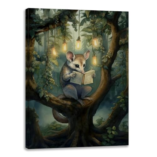 Medpol Canvas Print Wall Art Vintage Dark Academia Possum Reading Art Poster Vintage Abstract Artwork Aesthetic Home Decor for Living Room Bathroom Bedroom Wall Art Framed12x18inch