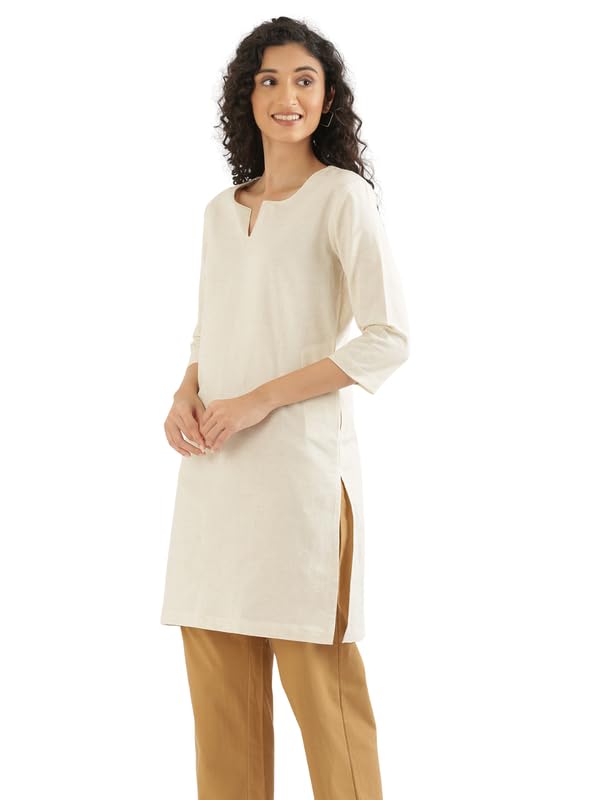 Image of SAADAA Airy Linen Mid Thigh Length Kurta for Women | Stylish Split Neck, 3 /4 Sleeves & Side Pockets | Comfortable Everyday Wear Kurta | Breathable Fabric |