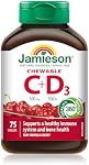 Jamieson Chewable Vitamin C 500 mg with D 500 IU Tart Morello Cherry Flavour, Family Friendly (4+), Supports Immune Health, Strong Teeth and Bones. Vegetarian, Gluten-Free, No Artificial Flavours or Colours, 75 Count, Proudly Canadian