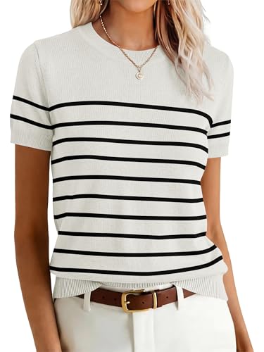 Image of ANRABESS Womens Short Sleeve Sweaters Wool Blend Crew Neck Sweater Shirts Business Casual Work Tops 2026 Summer Outfits