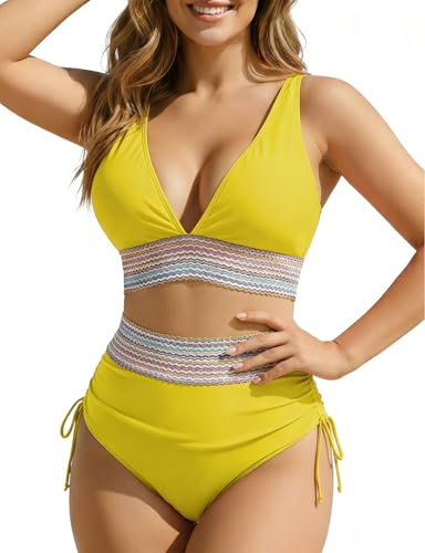 Bikini taille haute gainant jaune S : maillot 2 pièces avec contrôle du ventre et cordon