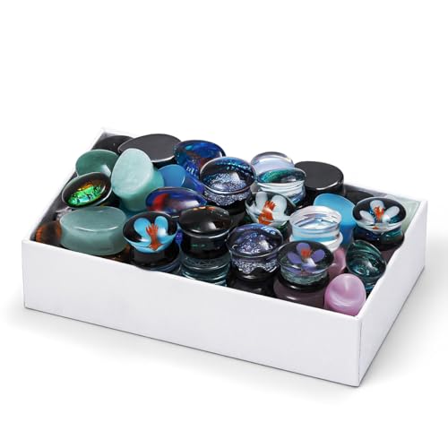 COOEAR 10 Pairs Glass/Stone Ear Tunnels, Random Mix and Match Gauges Flesh Tunnels Plugs Stretchers Expander Double Flared Ear Piercing Jewelry. - Thumbnail 3