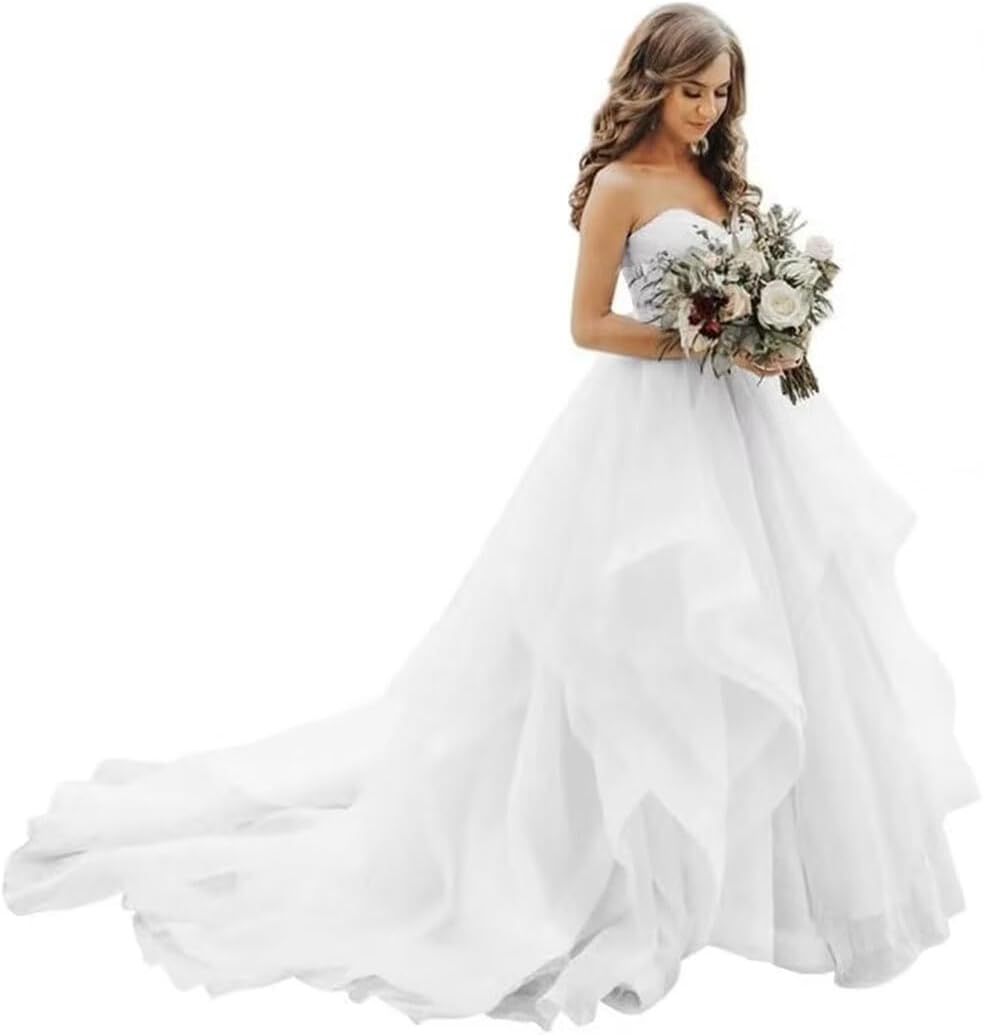 A-line Strapless Layered Organza Wedding Dresses for Bride, Plus Size Ruffled Bridal Gowns with Sweep Train