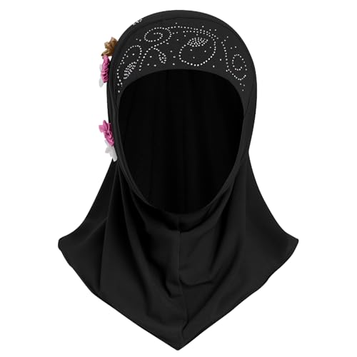 Kids Girls Muslim Instant Hijab Ready To Wear Islamic Shawls Turban with Flowers Scarfs Jersey Head Wrap4