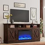 AMERLIFE 63' Farmhouse TV Stand with 26' Fireplace, for TVs up to 73', Media Entertainment Center with Adjustable Shelf & Barn Doors, Rustic TV Console Cabinet for Living Room, Reclaimed Barnwood