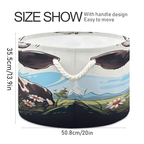 Round Cute Black and White Cow Flower Storage Basket Large Organizer Bin Laundry Hamper Toy Storage Basket with Handle for Nursery Clothes Toys 202b4888
