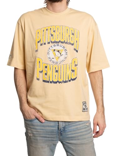 Calhoun NHL Surf & Skate Mens Garment Dyed Vintage Boxy Fit Oversized Soft Retro T-Shirt (Pittsburgh Penguins, Large)