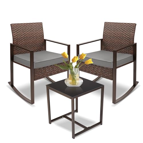 YIYAN 3-teiliges Schaukel-Bistro-Set, Outdoor-Schaukelstuhl-Möbel-Set, PE-Geflecht, Outdoor-Wippstuhl mit Couchtisch und waschbarem Kissen (grau)