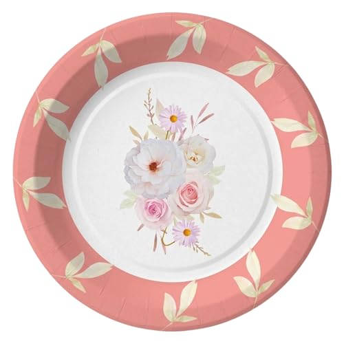 Image of Potluck Peach Floral Disposable Paper Plates | 9 Inch Food Grade Tableware for Parties | Events, Snacks & Meal Serving