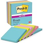 Post-it Super Sticky Notes, 540 Sheets, Pack of 6 Pads, 76 mm x 76 mm - Holds Strong to Many Surfaces - Bright Colours - for Walls, Monitors and Fridge, Recycable